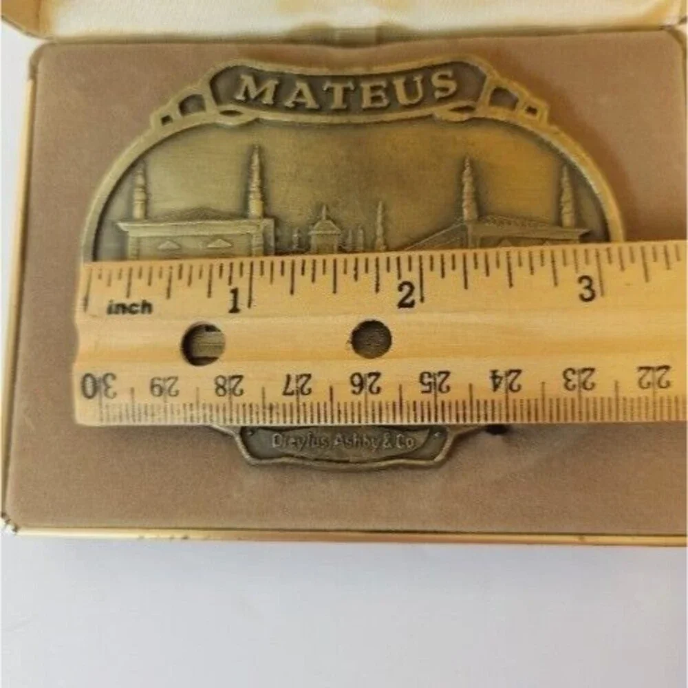 Vtg 1970s Mateus Booze Produce Of Portugal Brasstone Belt Buckle With Box